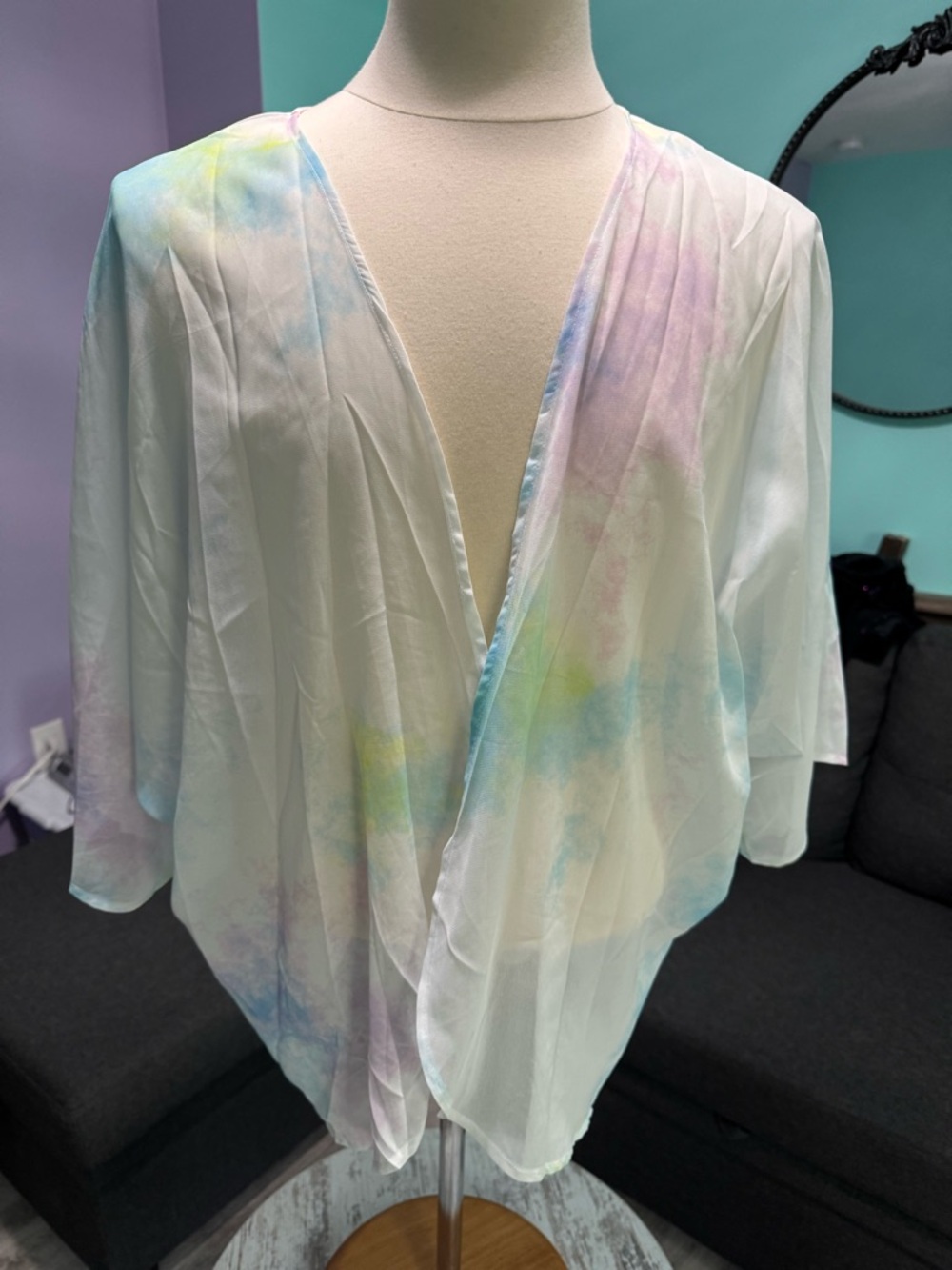 Sheer Pastel Tie-Dye Kimono Cover-Up - White with Pastel Accents